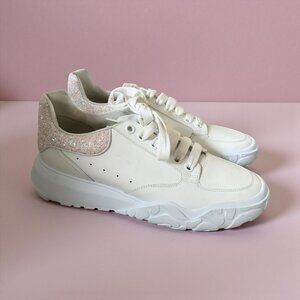 ALEXANDER MCQUEEN Women's White Pink Glitter Court Trainer Sneakers Sz 41/ US 11